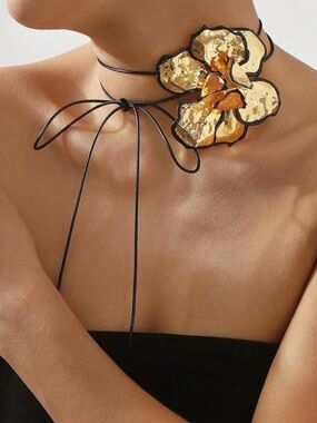 Gold Floral Statement Choker Necklace with Black Cord Tie